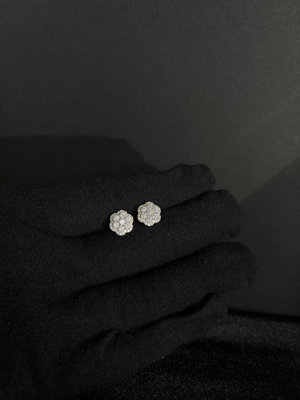 Silver flower moissanite studs — view 3
