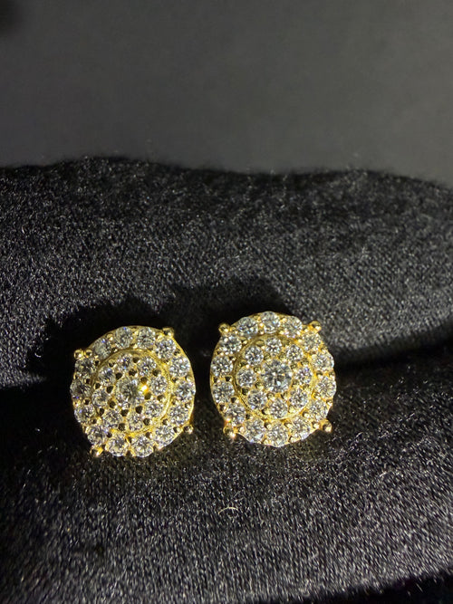Gold cluster moissanite studs — front detail