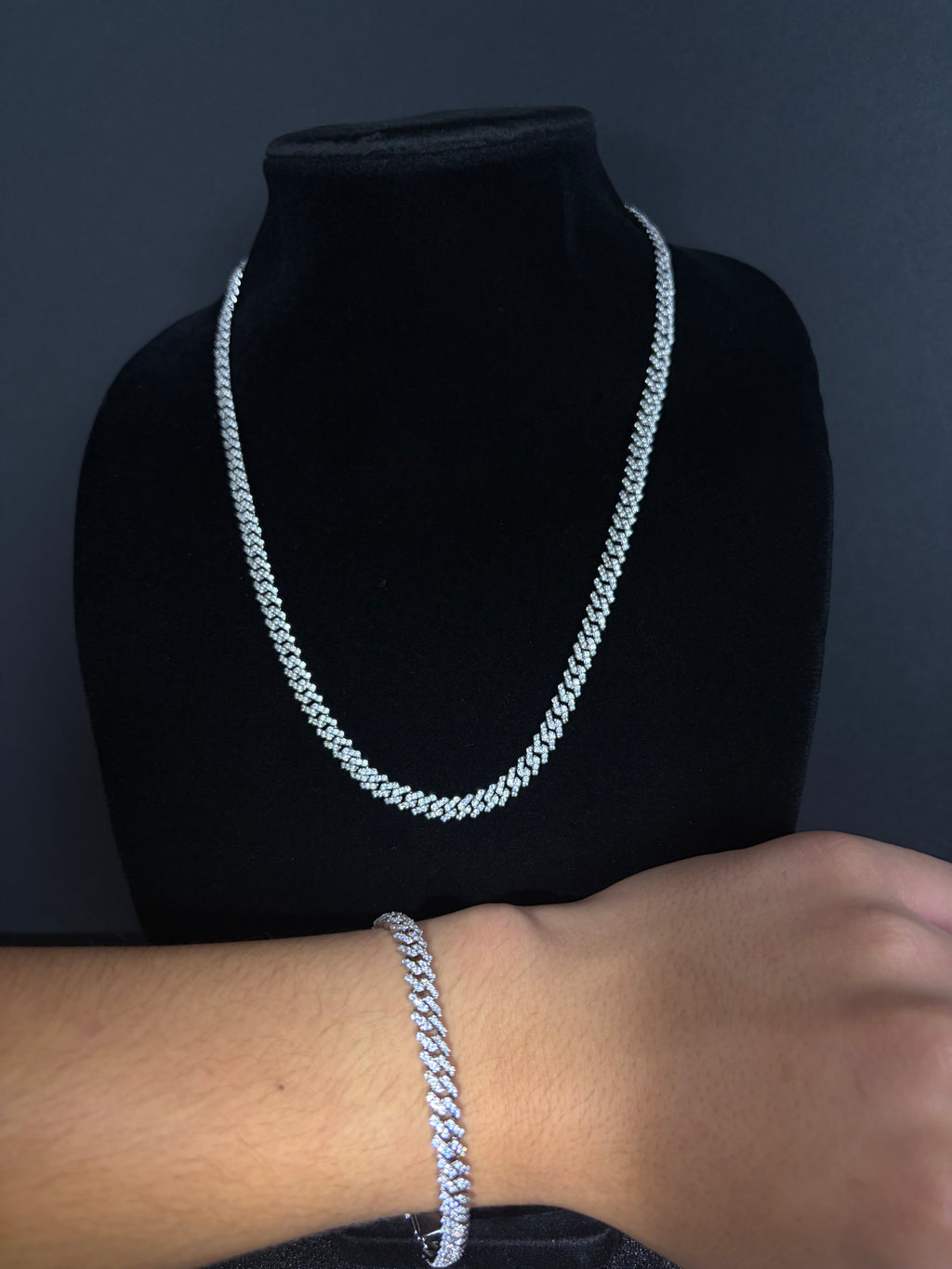 6 mm iced Cuban chain and bracelet styled together; sold separately