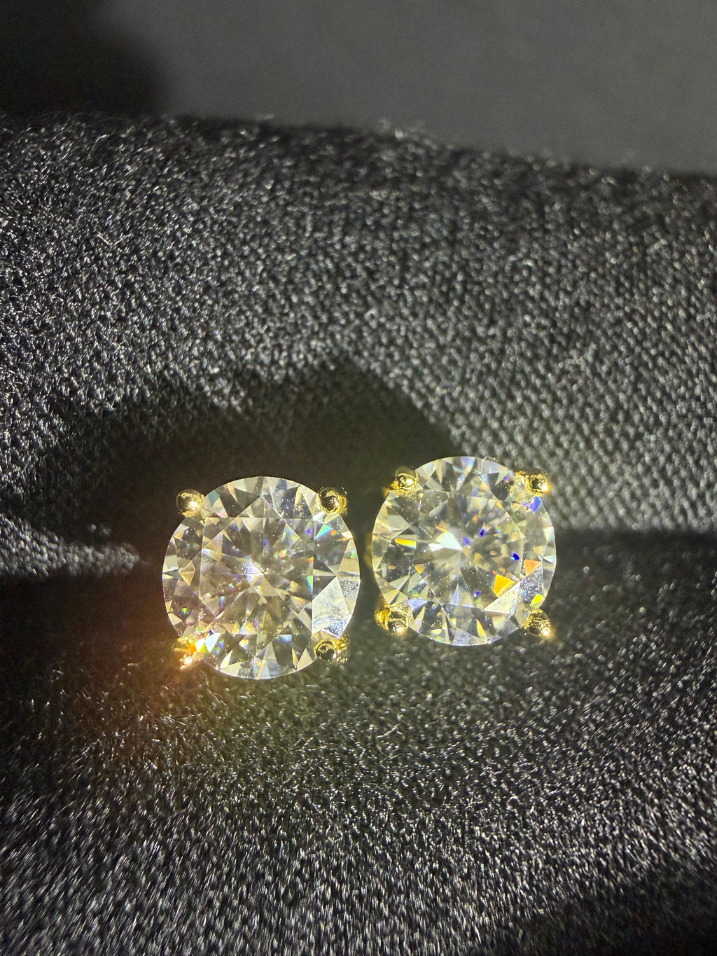 6.5 mm gold-plated sterling silver moissanite studs — stone close-up