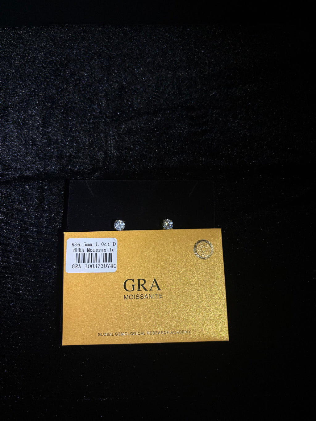 6.5 mm gold-plated sterling silver moissanite studs — certificate shown