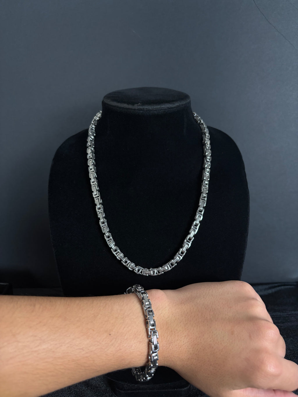 Greek Link bracelet, 6 mm in 316L stainless steel — matching pieces shown together, sold separately