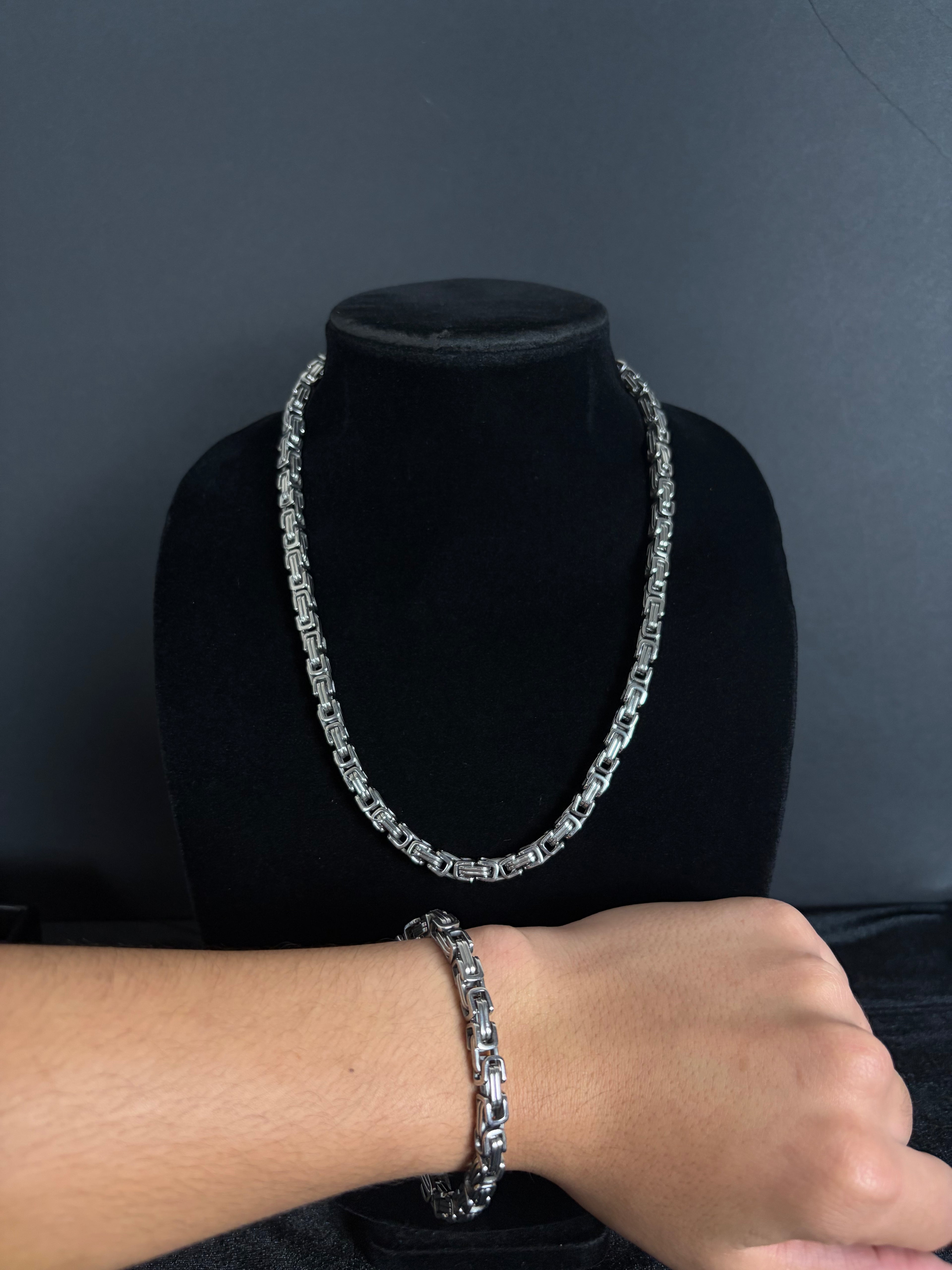 Greek Link bracelet, 6 mm in 316L stainless steel — matching pieces shown together, sold separately