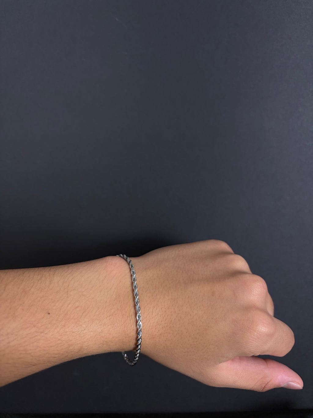 Rope bracelet, 3 mm in 316L stainless steel — worn on wrist