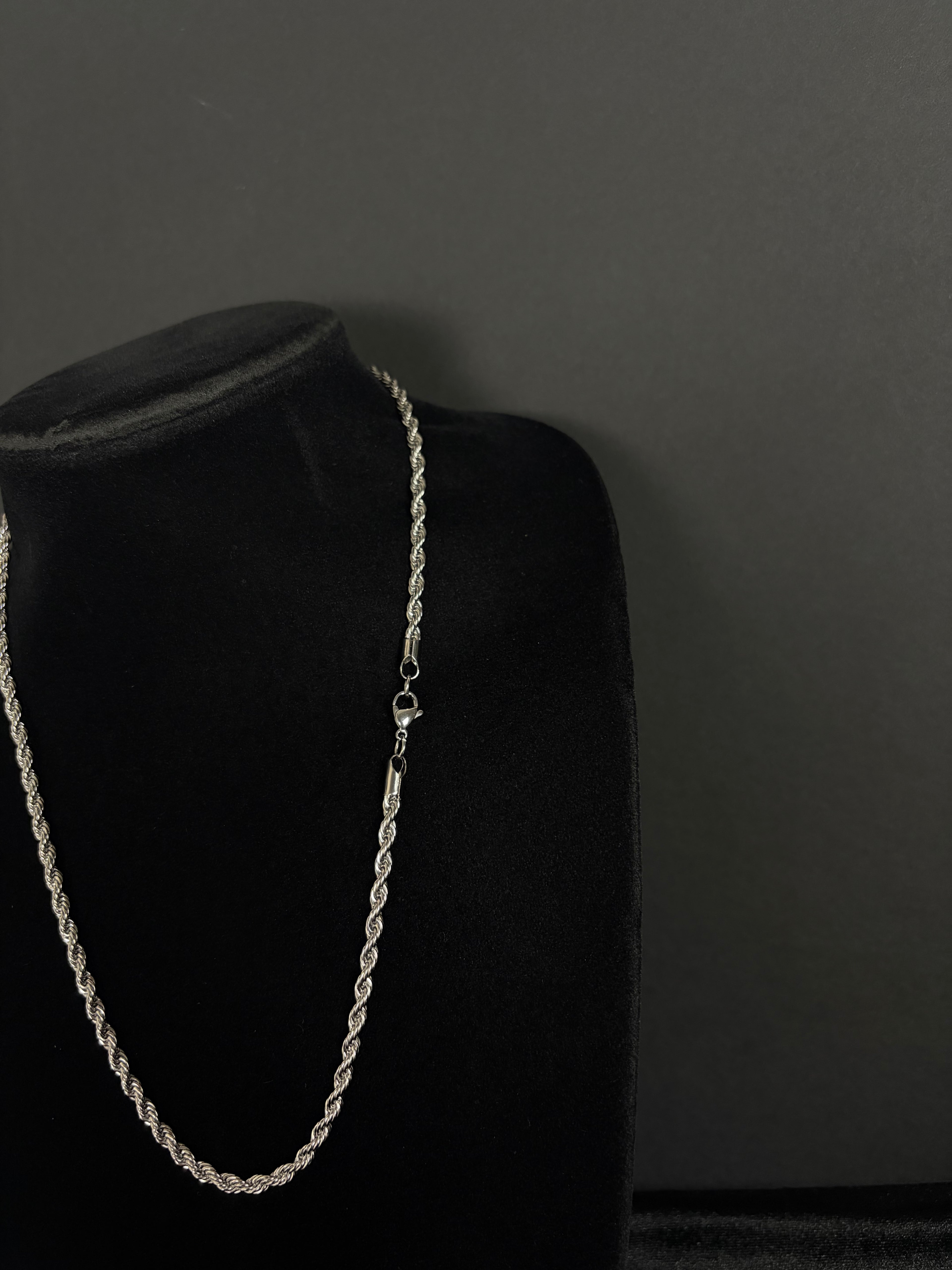 Rope chain, 4 mm in 316L stainless steel — angled view