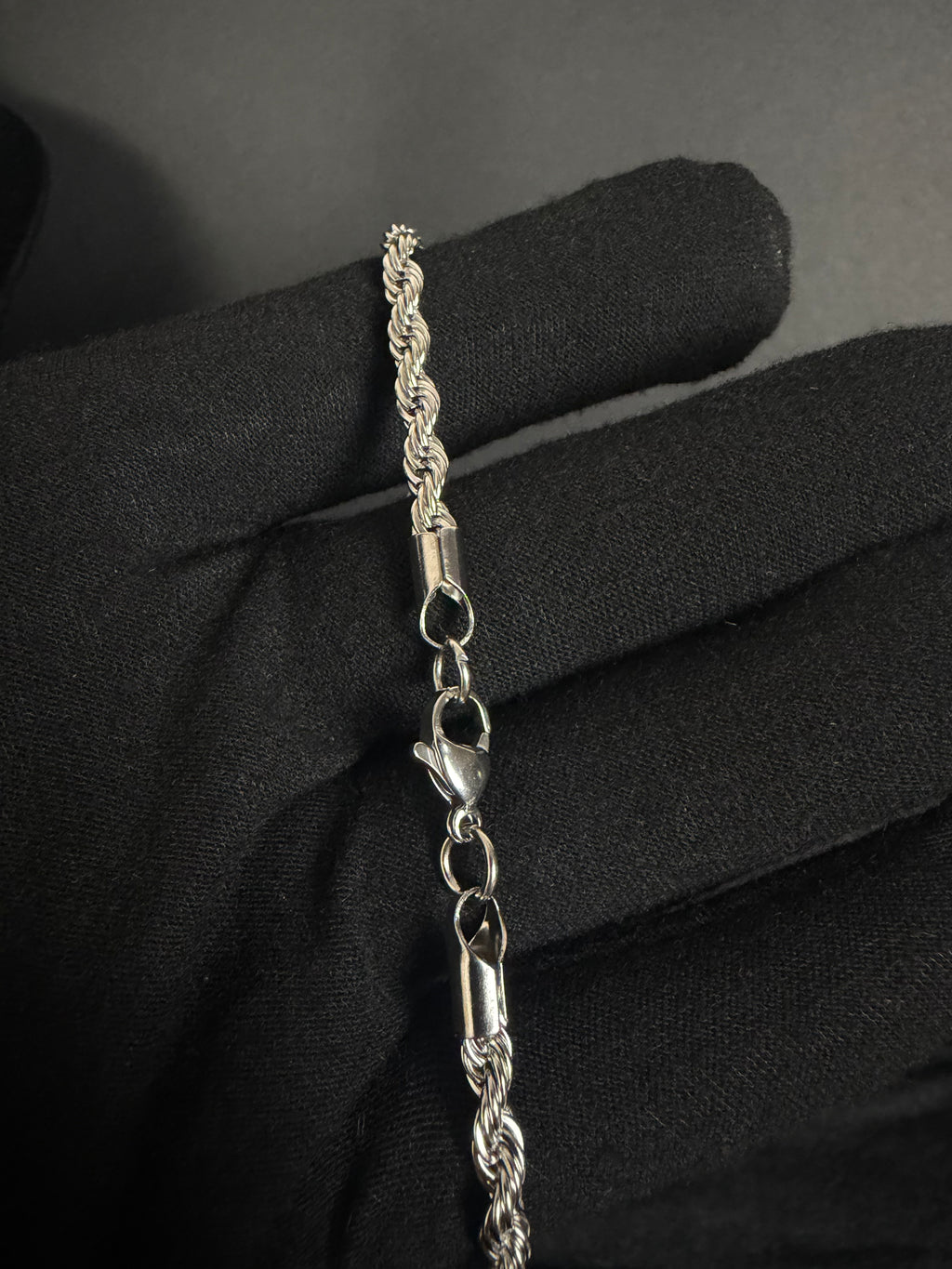 Rope chain, 4 mm in 316L stainless steel — link, clasp or full-length detail
