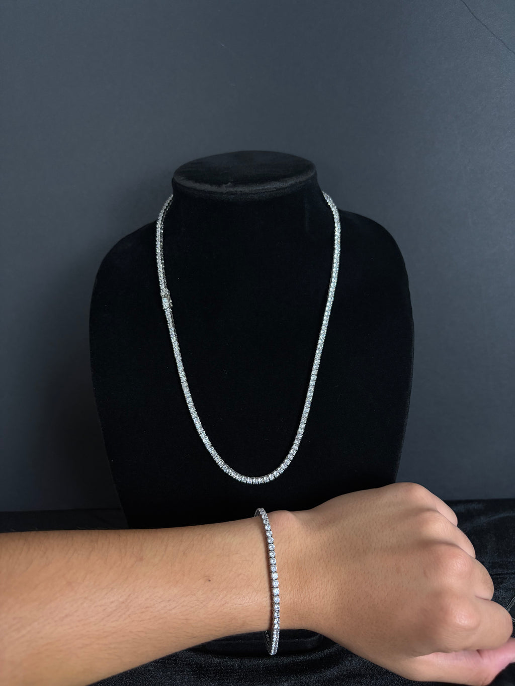 3 mm tennis chain and matching bracelet styling view; individual pieces sold separately