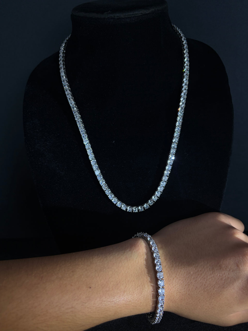 5 mm tennis chain and bracelet styling view; individual pieces sold separately